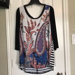 NWT Exotic front print tunic with striped back.